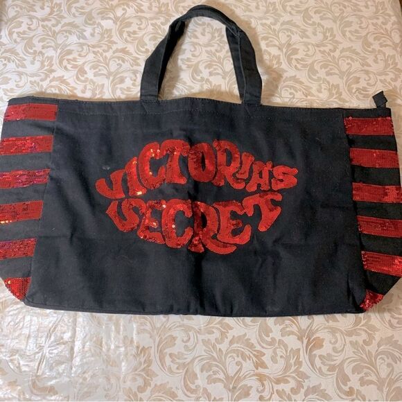 Large Victoria’s Secret Tote XL Black Canvas & Red Sequins 25.5”x14” Gorgeous - Picture 1 of 4
